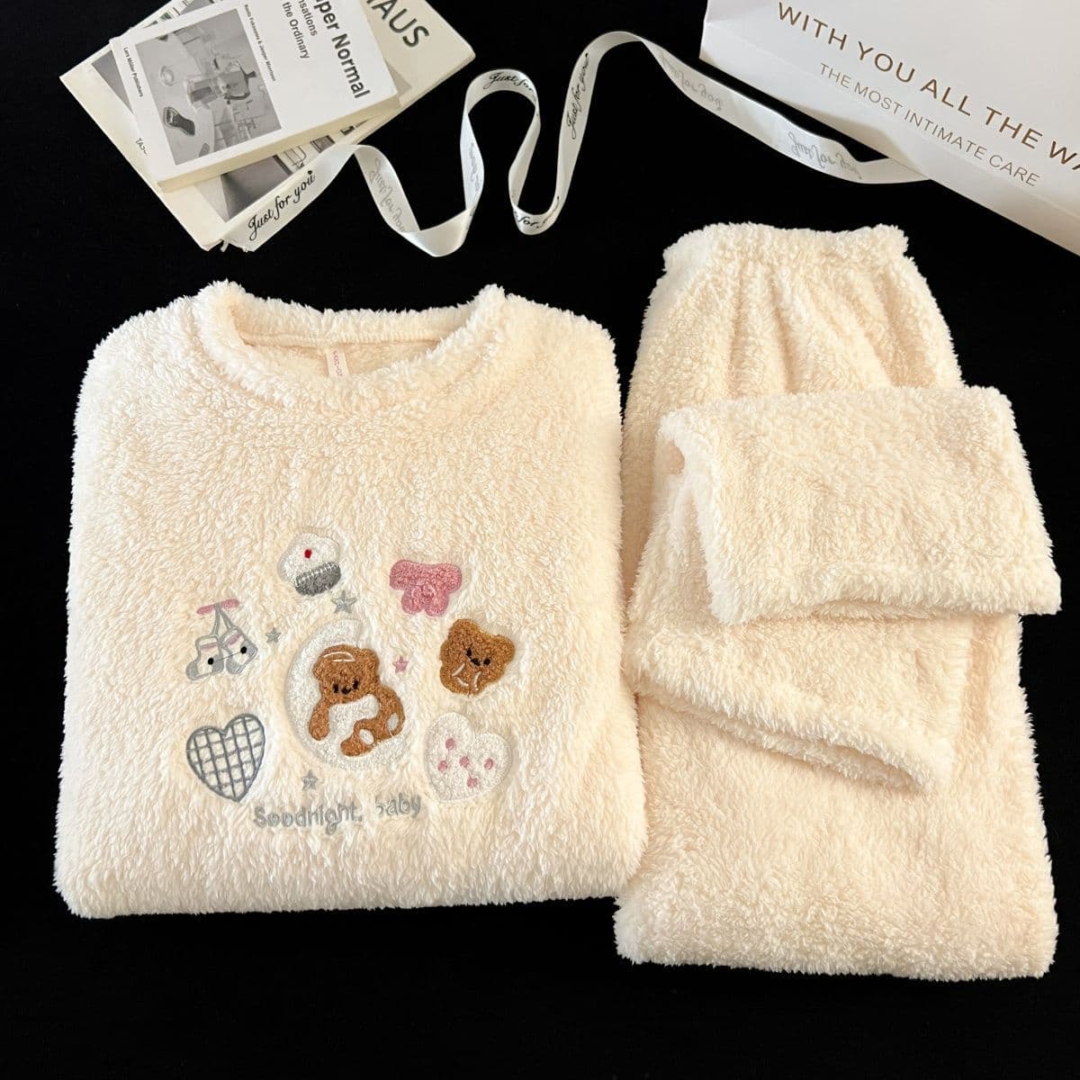 Winter Hot Sale Women's Pajamas Korean Style Long Plush Thickened Long Sleeve and Pants Cartoon Fleece Loungewear Set