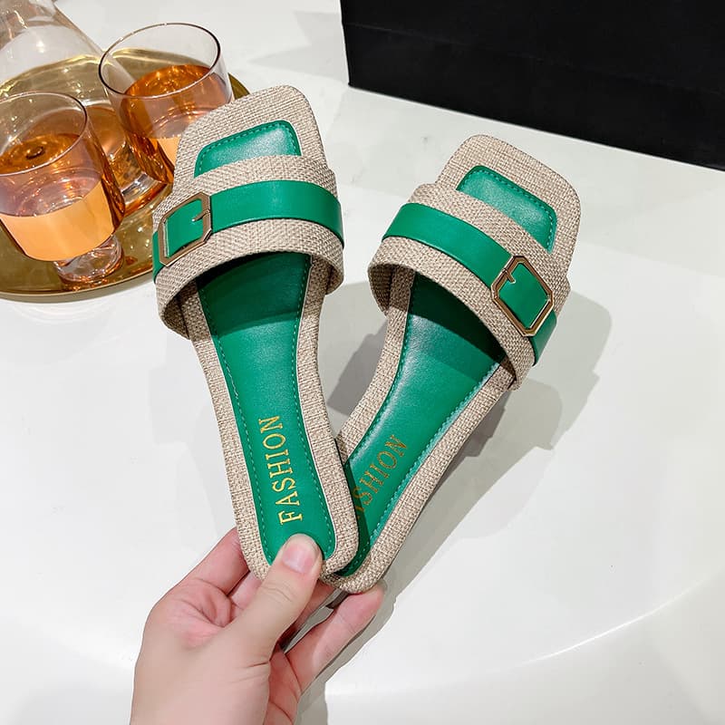 Korean-style Belt Buckle Slippers for Women, Flat One-Strap Slip-On Home Slippers, Fitting Room Slippers Wholesale
