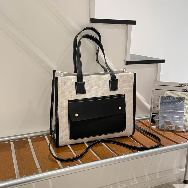 Cross-border foreign trade women's bag canvas letter tote bag contrast color casual women's crossbody bag shoulder portable armpit bag