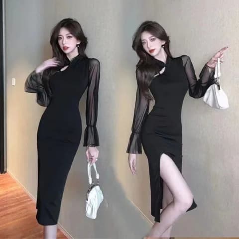 Autumn New Chinese Style Daily Modified Cheongsam Design Fitted Long Sleeve Dress for Women, Waist-Cinching Bodycon Skirt