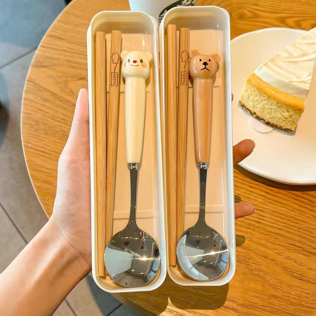 Chopsticks, spoon, and fork three-piece set, cute design for adults, students, and office workers, stainless steel outdoor convenient cutlery set.