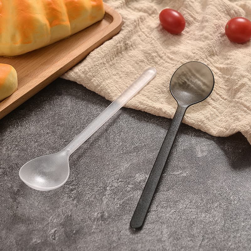 Perfect Spoon Disposable Plastic Round Head Spoon, Black/Transparent Long Handle Matte Spoon, Individually Packaged with Printed Design