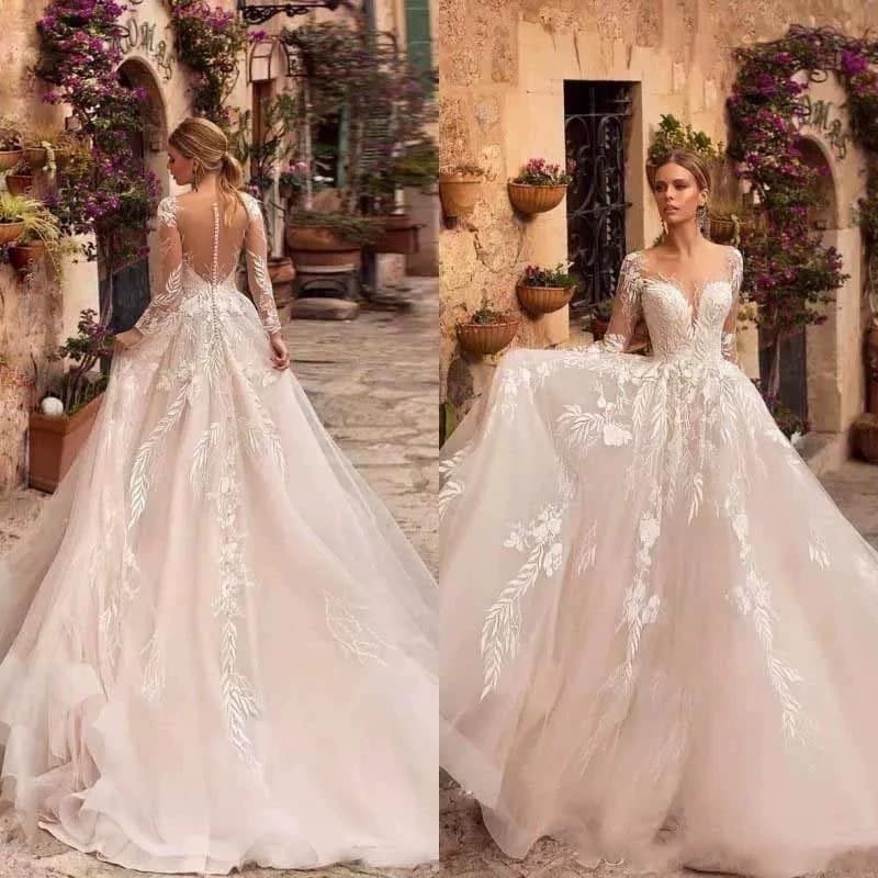 European and American style wedding dress 2026 new long-sleeved lace applique slimming foreign trade tailing big swing foreign trade Amazon wedding dress