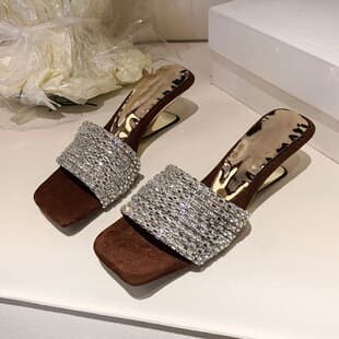 2026 Summer New Fashion Square Toe Rhinestone Versatile Wedge Heel Outdoor Sandals for Women Open Toe High Heel One-Band Slide Sandals