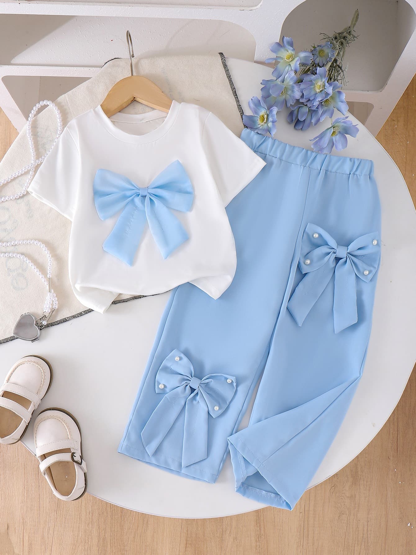 Young Girls Clothes 4-7Y Summer Bow Short Sleeve T-Shirt + Wide Leg Pants