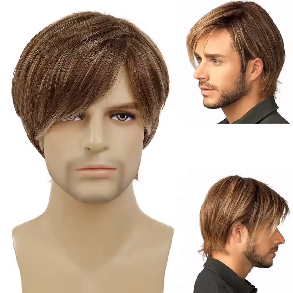 New European and American Men's Wig, Side-Parted Brown Short Hair Business Style, High-Temperature Fiber Wig, Factory Wholesale