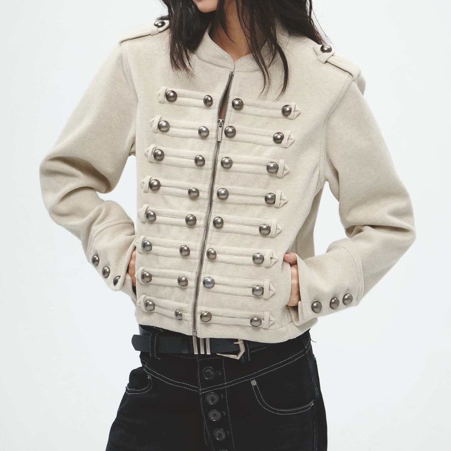 Yuan Yiqi Same Style Vintage Court Punk Street Metal Decorated Shoulder Pad Jacket Napoleon Coat