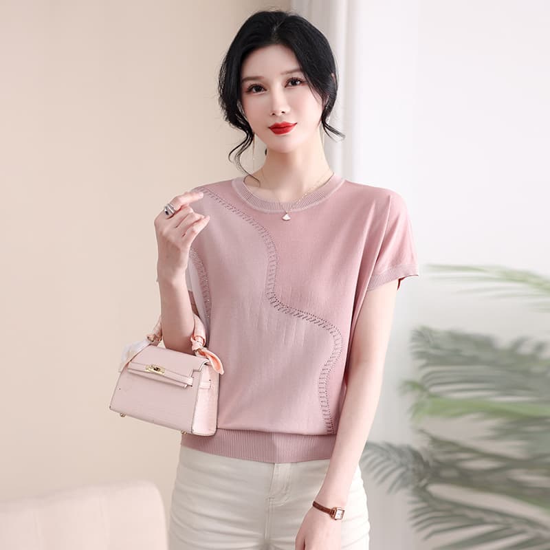New Summer Women's Base Layer T-Shirt, Young Mom Style, Middle-Aged Women's Fashionable Short Sleeve Knit Top