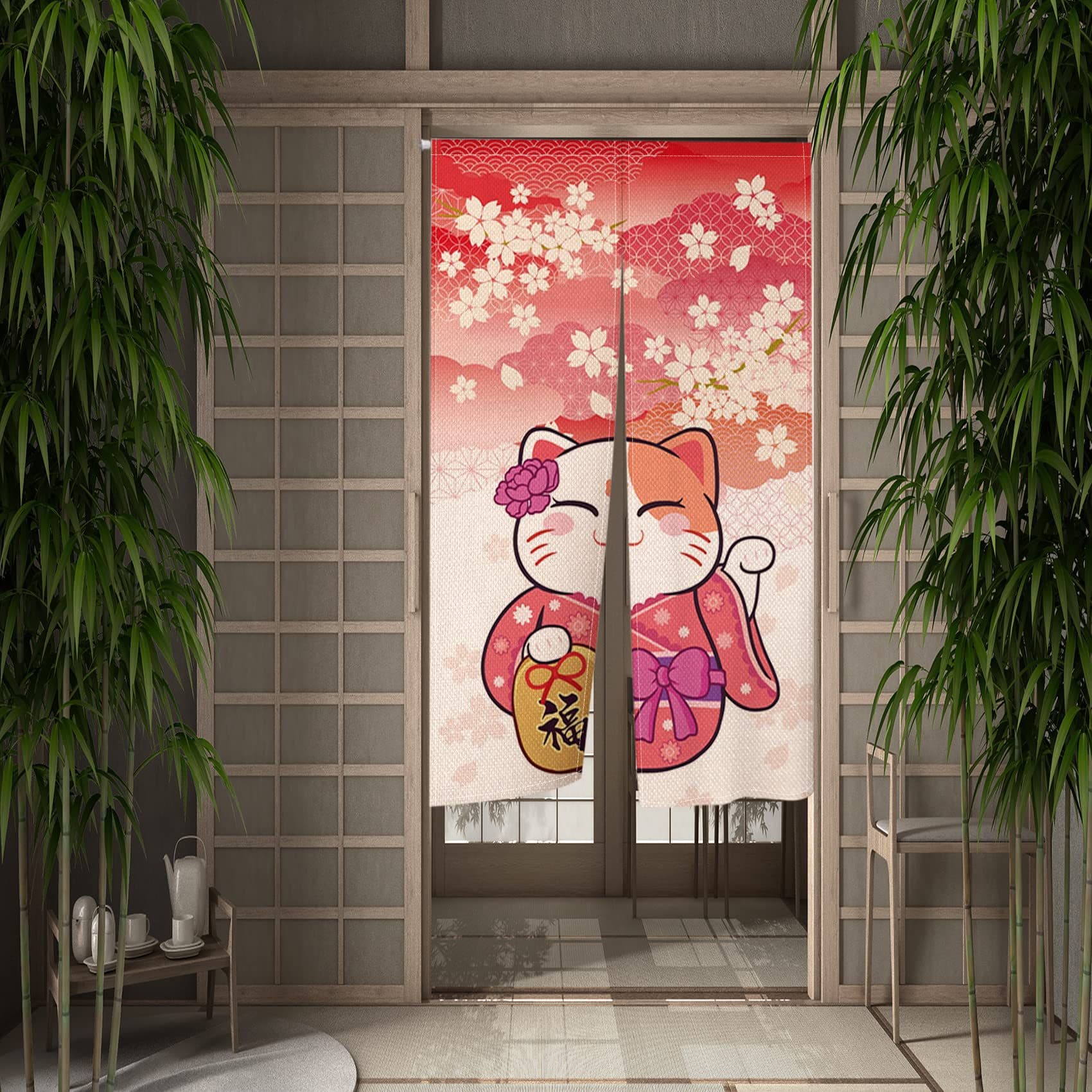 Pink Lucky Cat Fabric Door Curtain, Bedroom Partition Curtain, Kitchen Half Curtain, Feng Shui Curtain, Decorative Wind Blocking Curtain