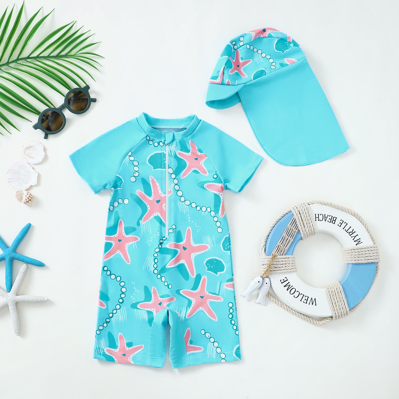 Baby Toddler Swimwear Two-Piece Set with Hat Unisex Infant Summer Onesie Swimsuit for Boys And Girls Small Kids Clothing