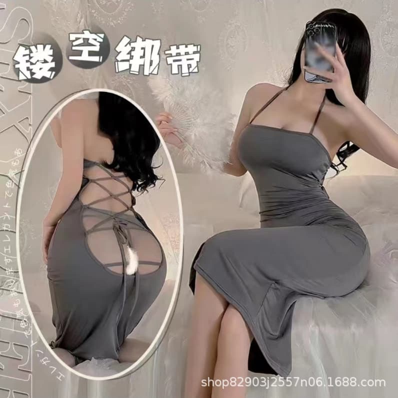 Korean Style Women's Ice Silk Long Dress Sexy Hollow Back Lace-up Hot Nightwear Set