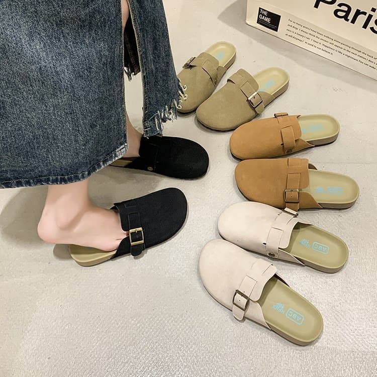 Taizhou large size one-legged Baotou half slippers 2025 new retro flat slippers round toe suede lazy slippers