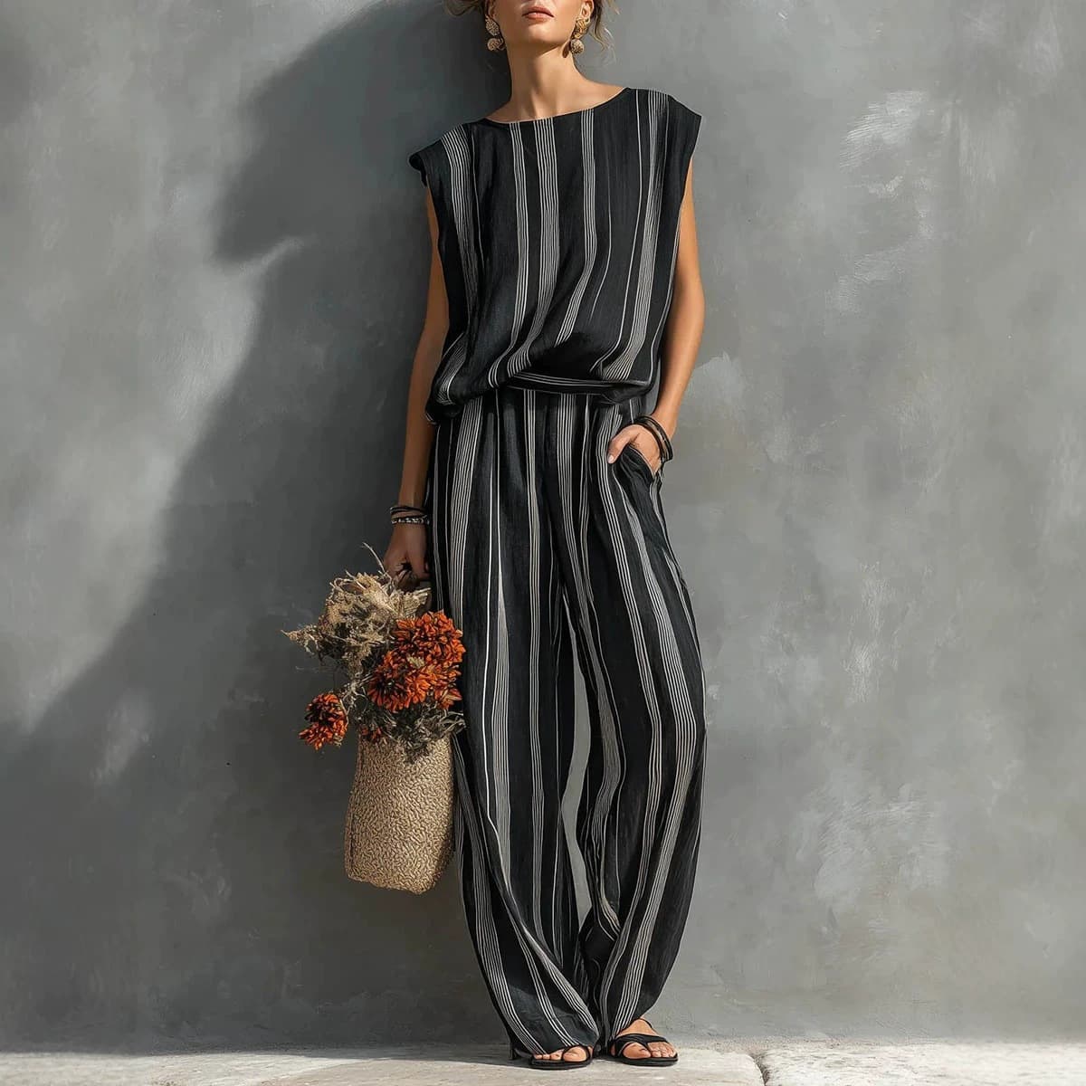 2026 cross-border European and American independent station Amazon elegant round neck sleeveless top wide-leg trousers two-piece suit