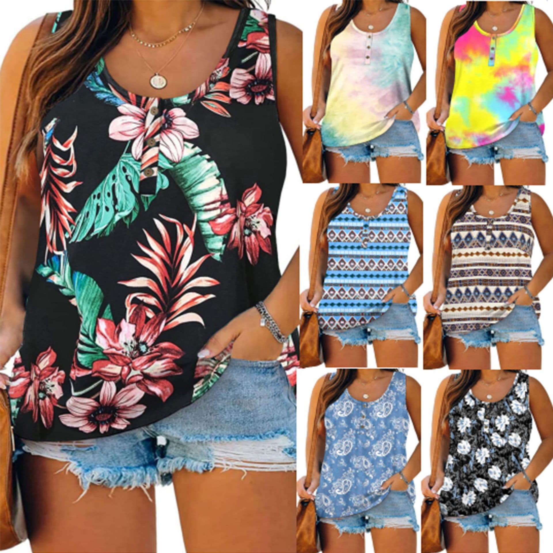 Amazon Cross-Border European and American Plus Size Women's Summer Sleeveless Button Printed U-Neck T-Shirt for Women in Ten Four Colors In Stock