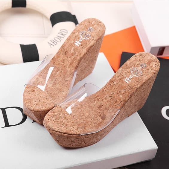 2025 Summer New European and American Transparent Wedge Sandals for Women, One-Strap Thick Platform High Heel Slippers