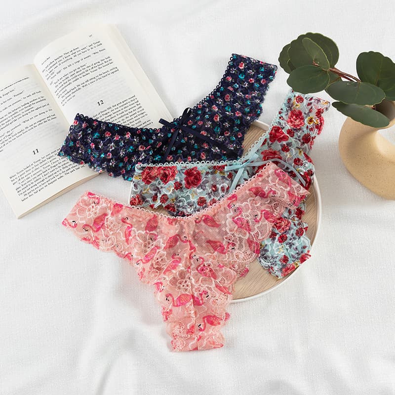 Printed Low-Rise Thin Strap Thong Women's Sexy Lace Trim T-Back Lightweight Breathable Invisible Triangle Panty