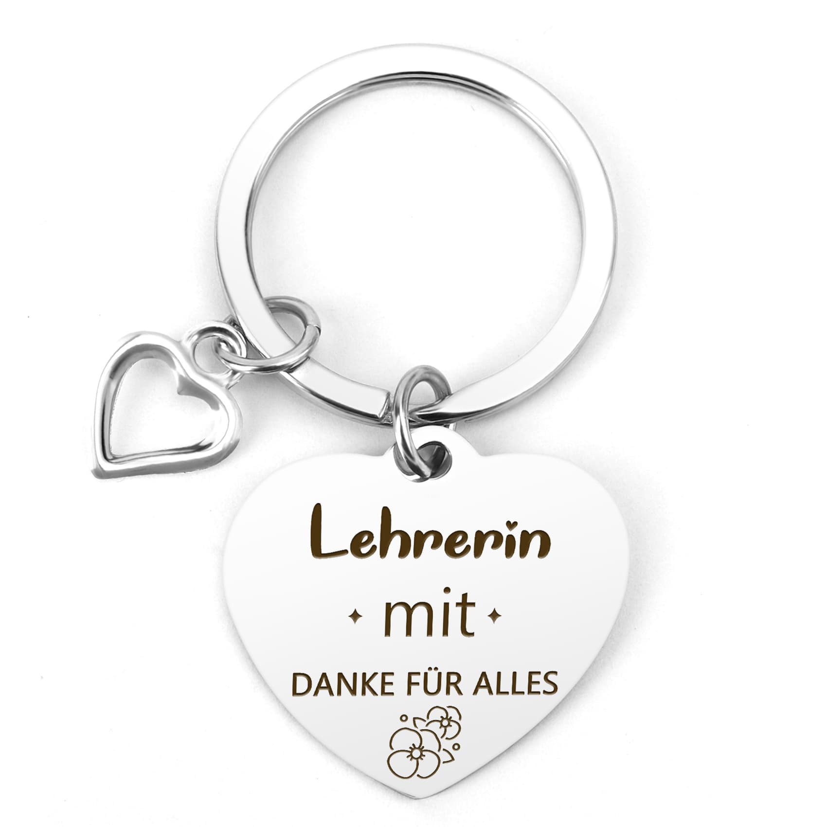 Cross-border 2025 Teacher's Day Gift - Heart-shaped Stainless Steel Pendant with Flower Pattern German Inscription Keychain