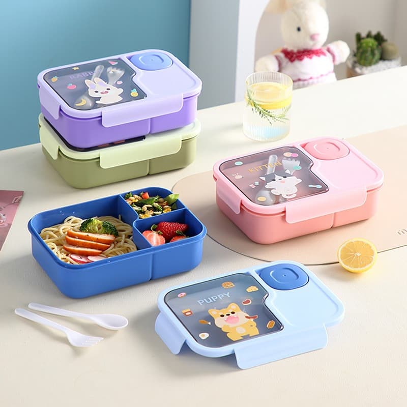 Cartoon cute student lunch box with large compartments, tableware with dip box, lunch box with rice, microwaveable