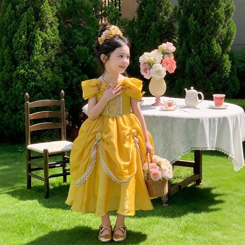 Girls Belle Princess Dress Beauty and the Beast Style Yellow Tutu Dress Children's Birthday Gown