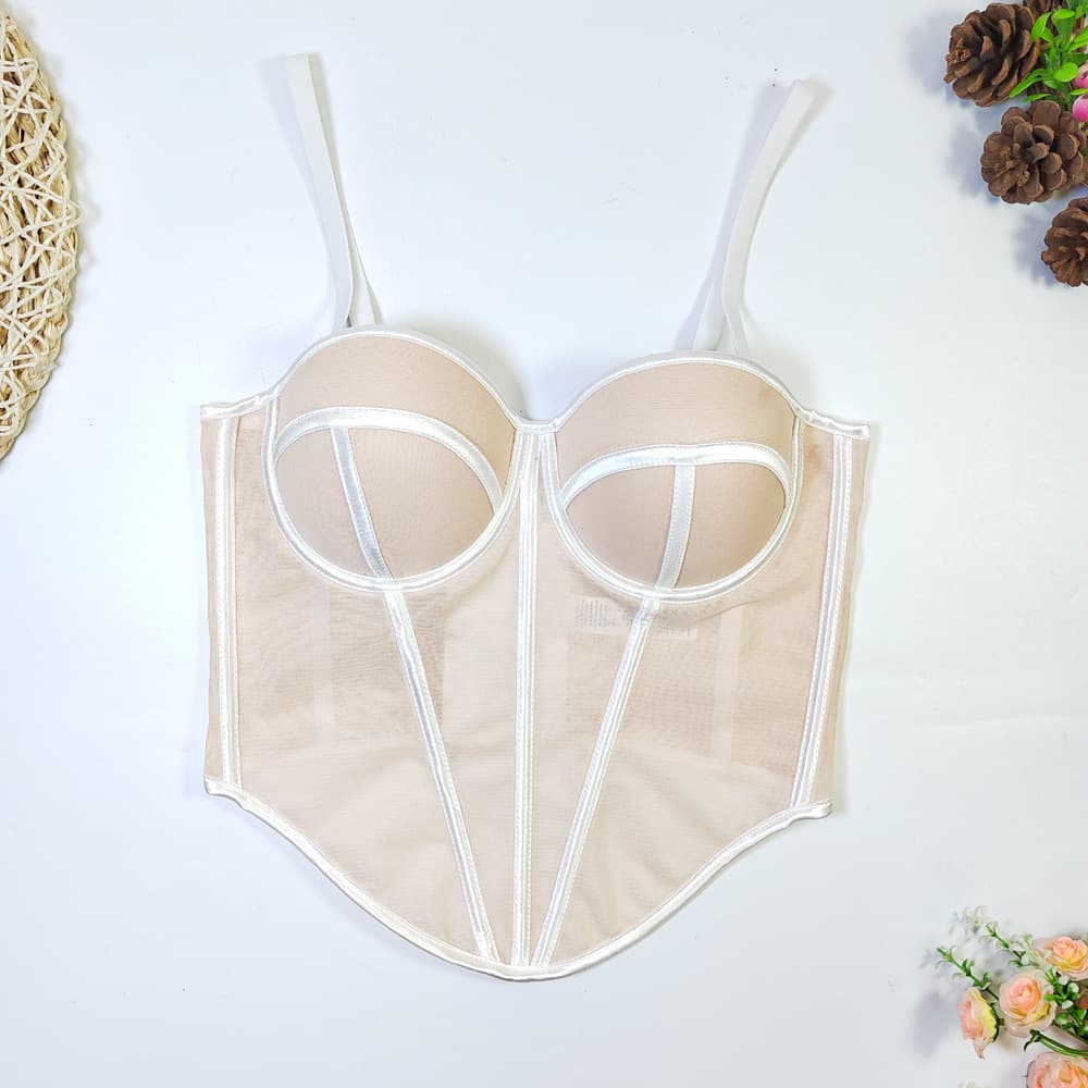 European and American Corset Fishbone Vest for Women, Mesh Sexy Trendy Top, Waist-Cinching Contrast Color Tube Top with Straps