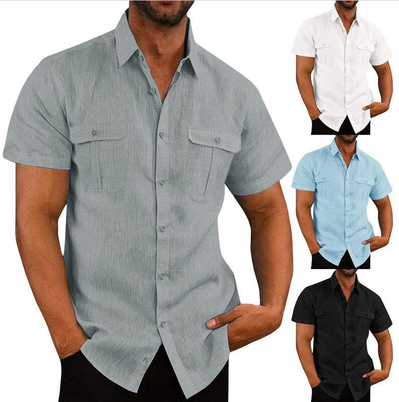 Cross-border AliExpress EBAY Men's Shirt Double Pocket Cotton Linen Short Sleeve Casual Vacation Shirt 10 Colors