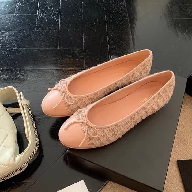 Classic spliced round toe tweed flat low-heeled Chanel-style shoes, same style as Grape Mom
