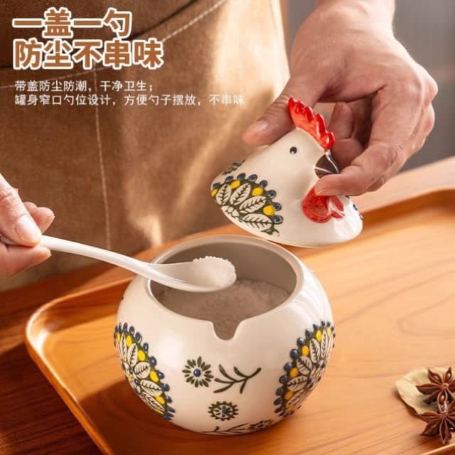 Chicken Ceramic Seasoning Pot Salt Pot Kitchen Household High-end Seasoning Pot Moisture-proof Seasoning Box Chili Pepper Pot with Lid and Spoon