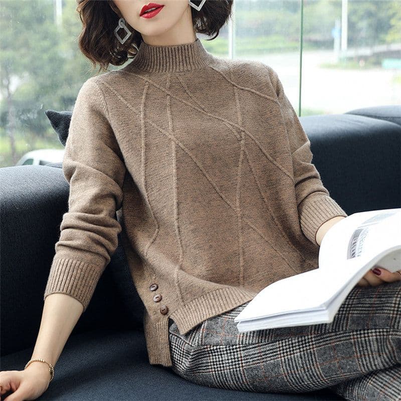 Korean Style Half Turtleneck Sweater Women Pullover Autumn Winter New Casual Loose Knit Sweater Top Hem Side Slit