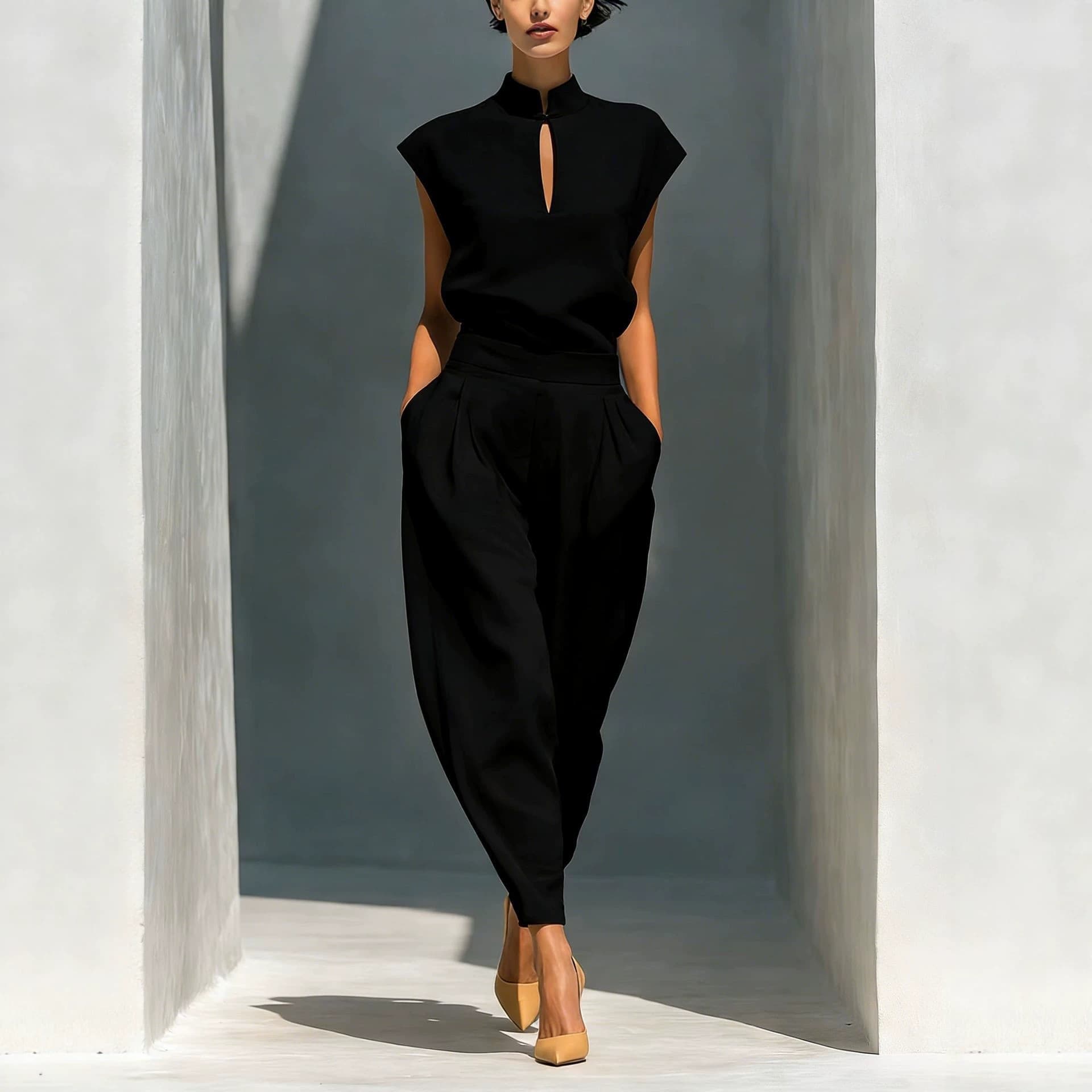 2026 Cross-Border Amazon Independent Site Manito Shirt with Stand Collar, Hollow-Out Design, High-Waisted Barrel-Shaped Jumpsuit Elegant Set