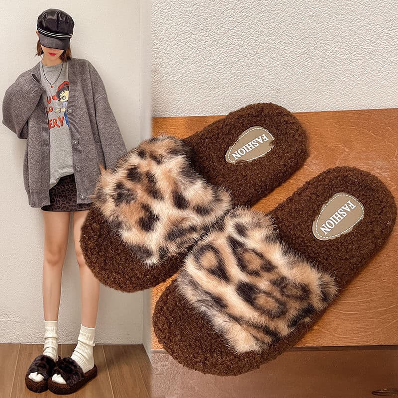 Autumn and winter Korean leopard print plush thickened and warm 2024 new autumn and winter fashion home bedroom flat anti-slip cotton mop