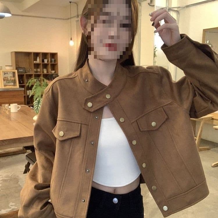 Merlad's stylish stand-up collar coat for women, autumn and winter retro loose short jacket, suede coat
