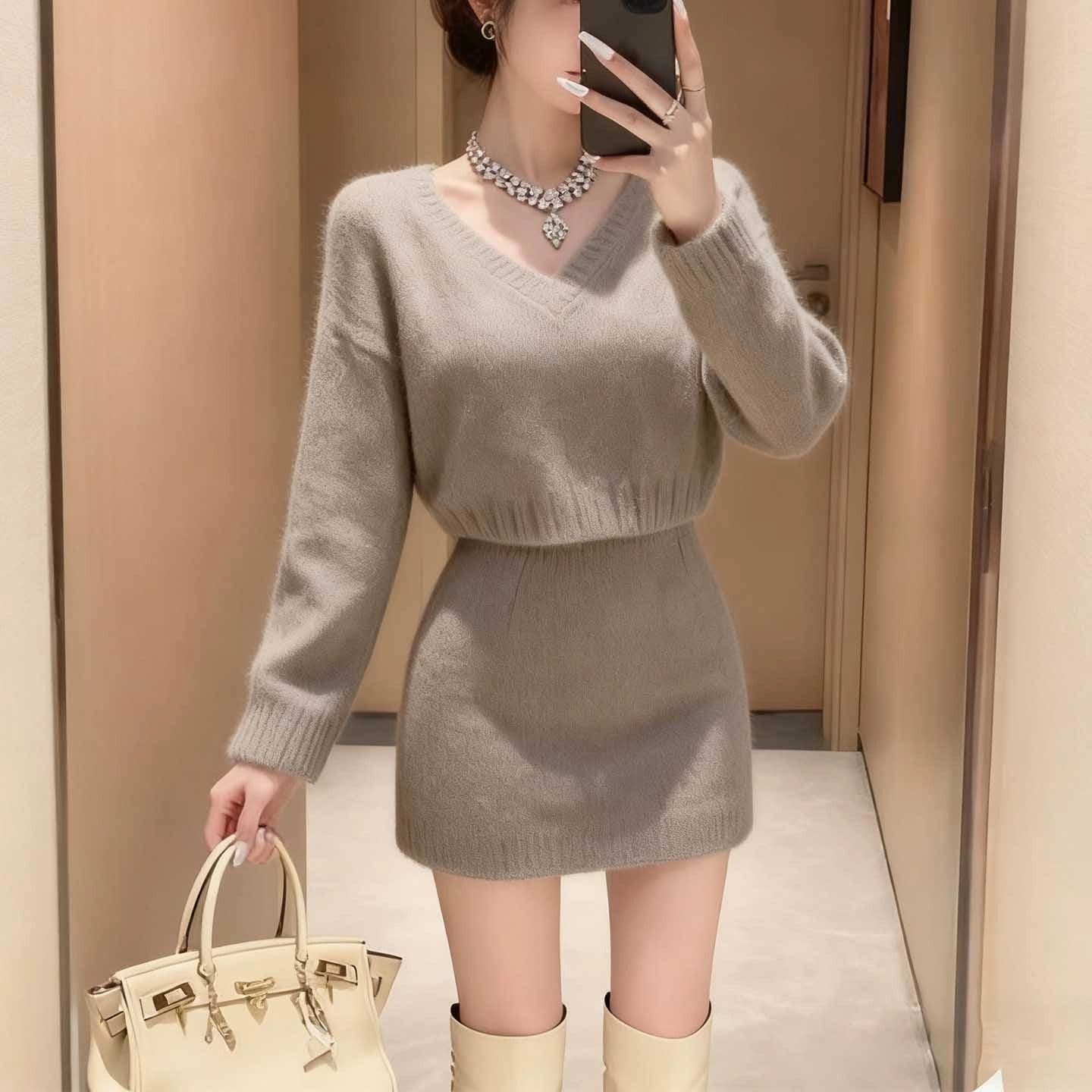 New Lazy Style Collar Short Knit Set Women's Light Mature Petite Gray Sweater Mini Skirt Two-Piece Set