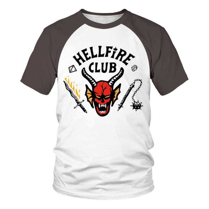 Stranger Things Hellfire Club Short Sleeve T-Shirt Gray Red Demon Head Board Game Fan Gathering Cross-Border Trend