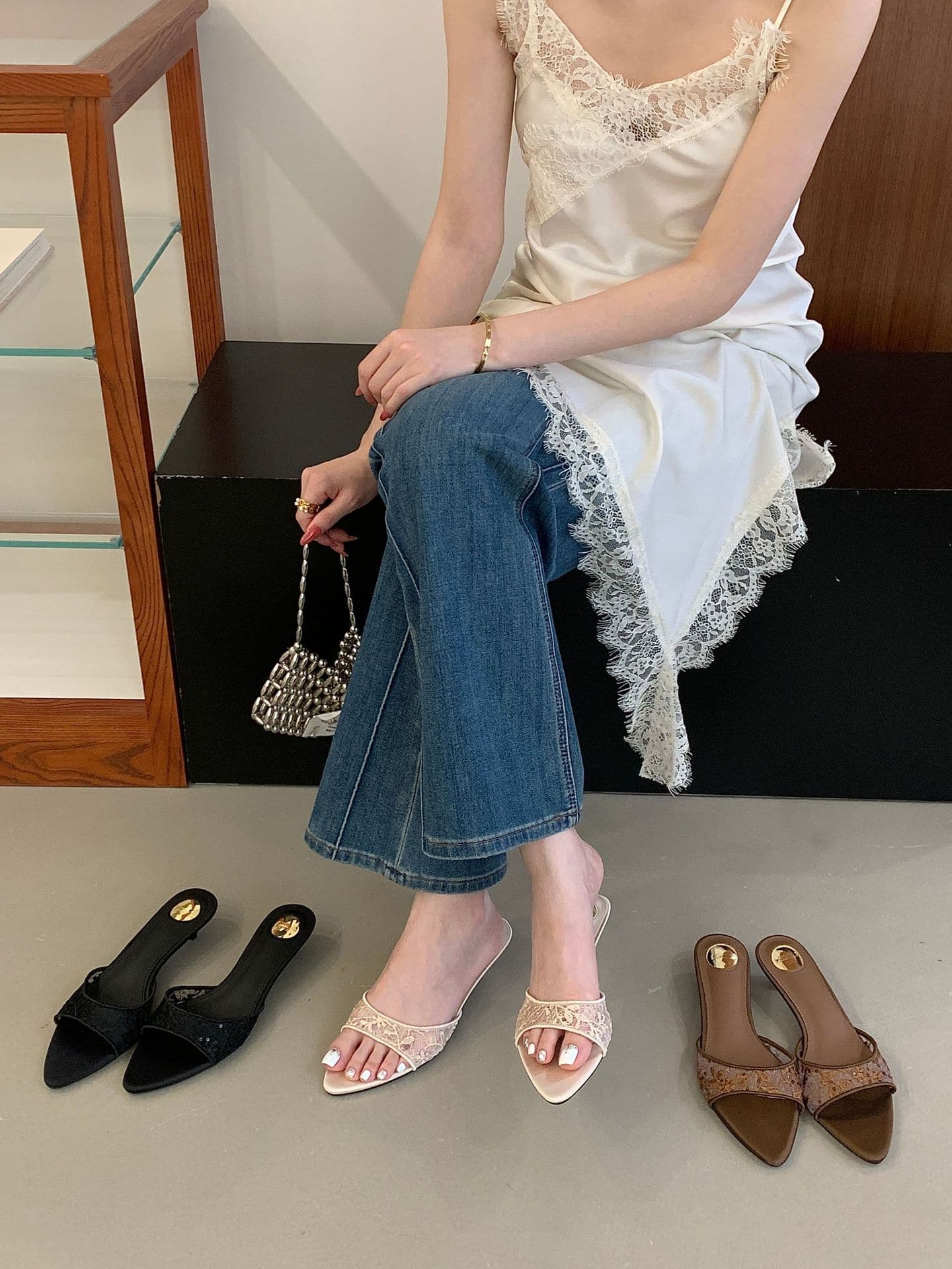 [Excluding Tax] 2026 Summer Sandals Kitten Heel Lace Sequin Mesh Slide Sandals Pointed Toe One-Band Slide