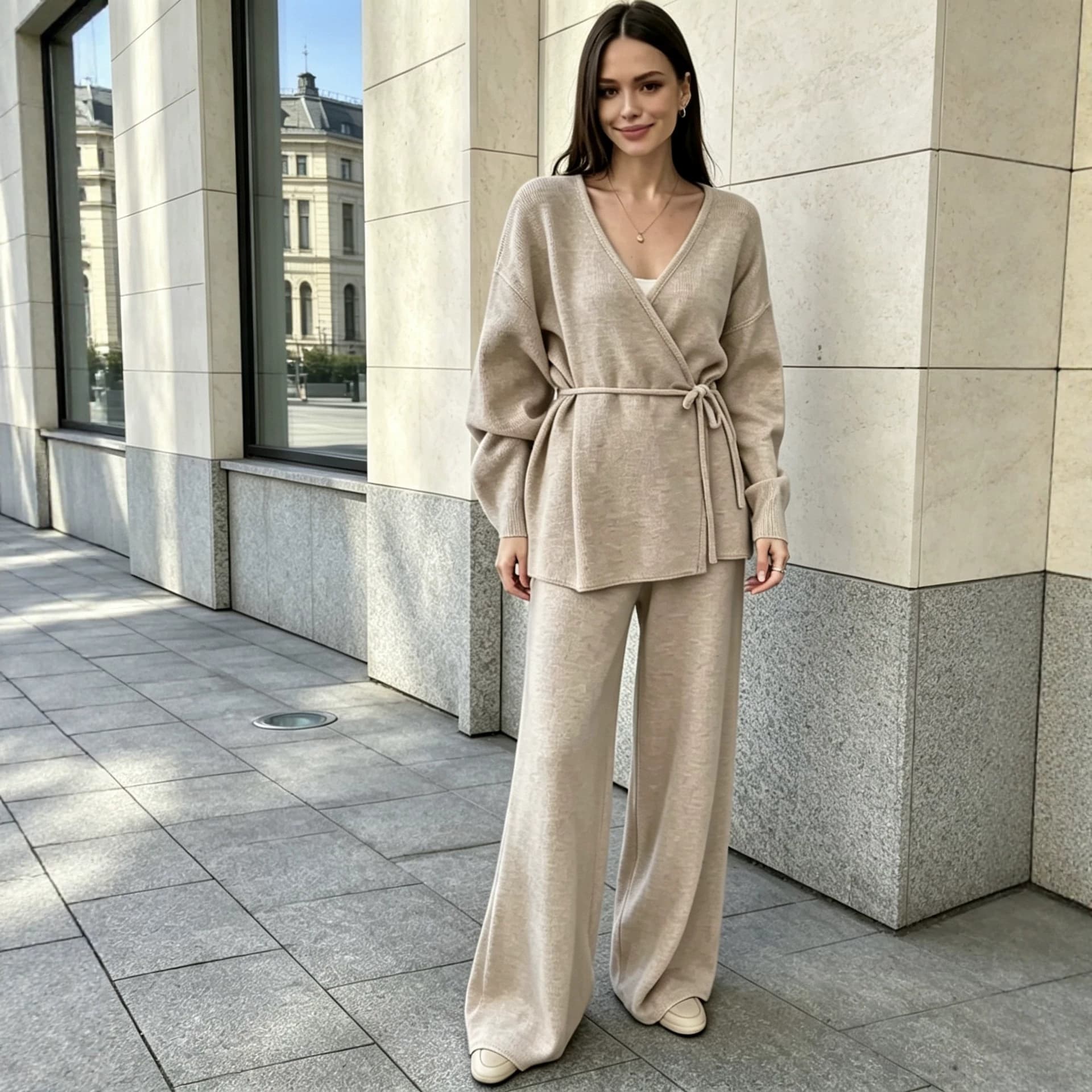 European and American Trendy Knit Cardigan with Tie Belt + Knit Wide-Leg Pants Two-Piece Set for Women, Stylish and Voluminous Outfit