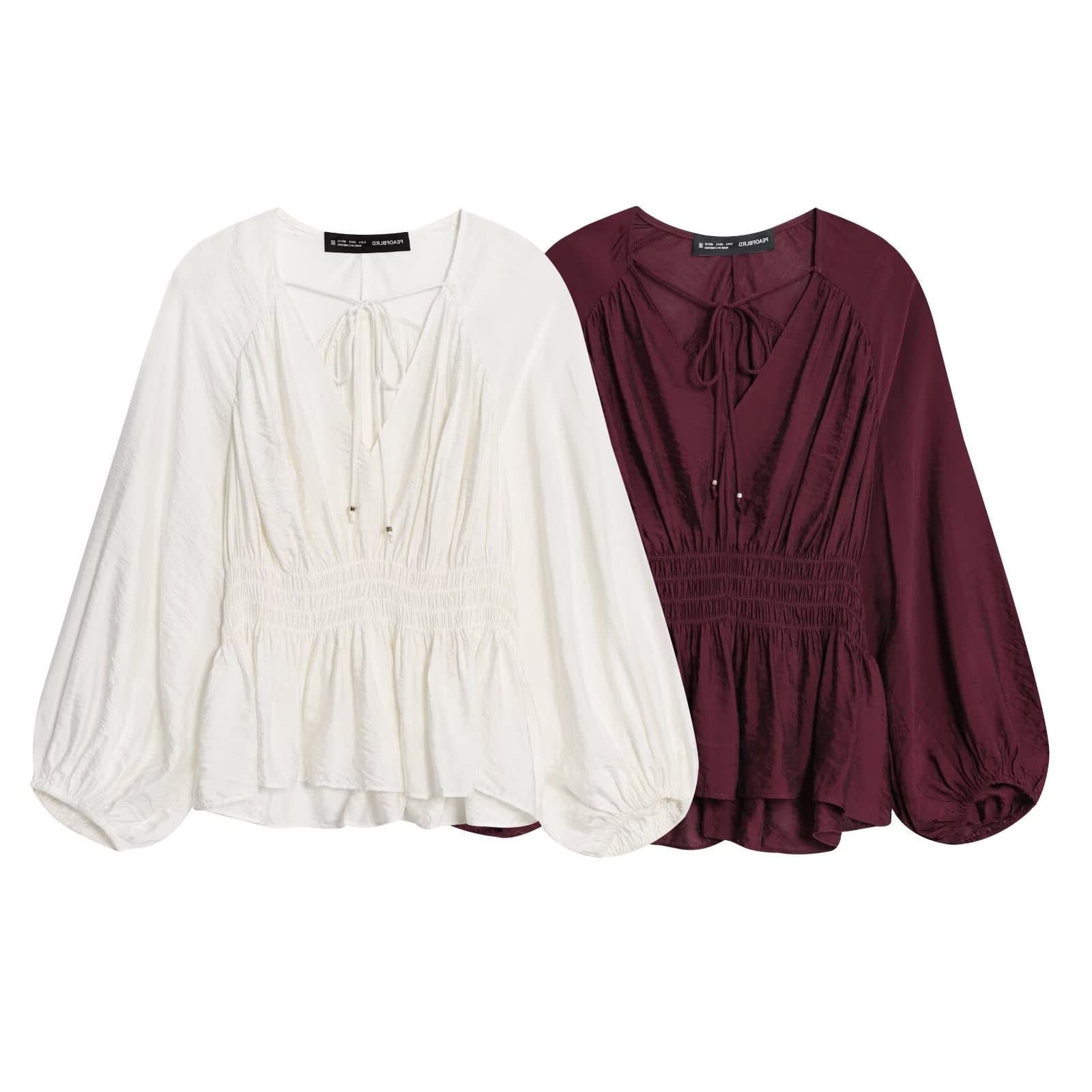 TAOP&ZA Early Autumn New Women's Fashion Pleated Waist V-Neck Long Sleeve Blouse 1300636