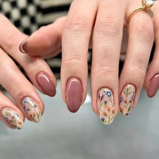 Cross-border supply almond nail tips rose pink floral finished wearable nails factory wholesale removable press-on nails