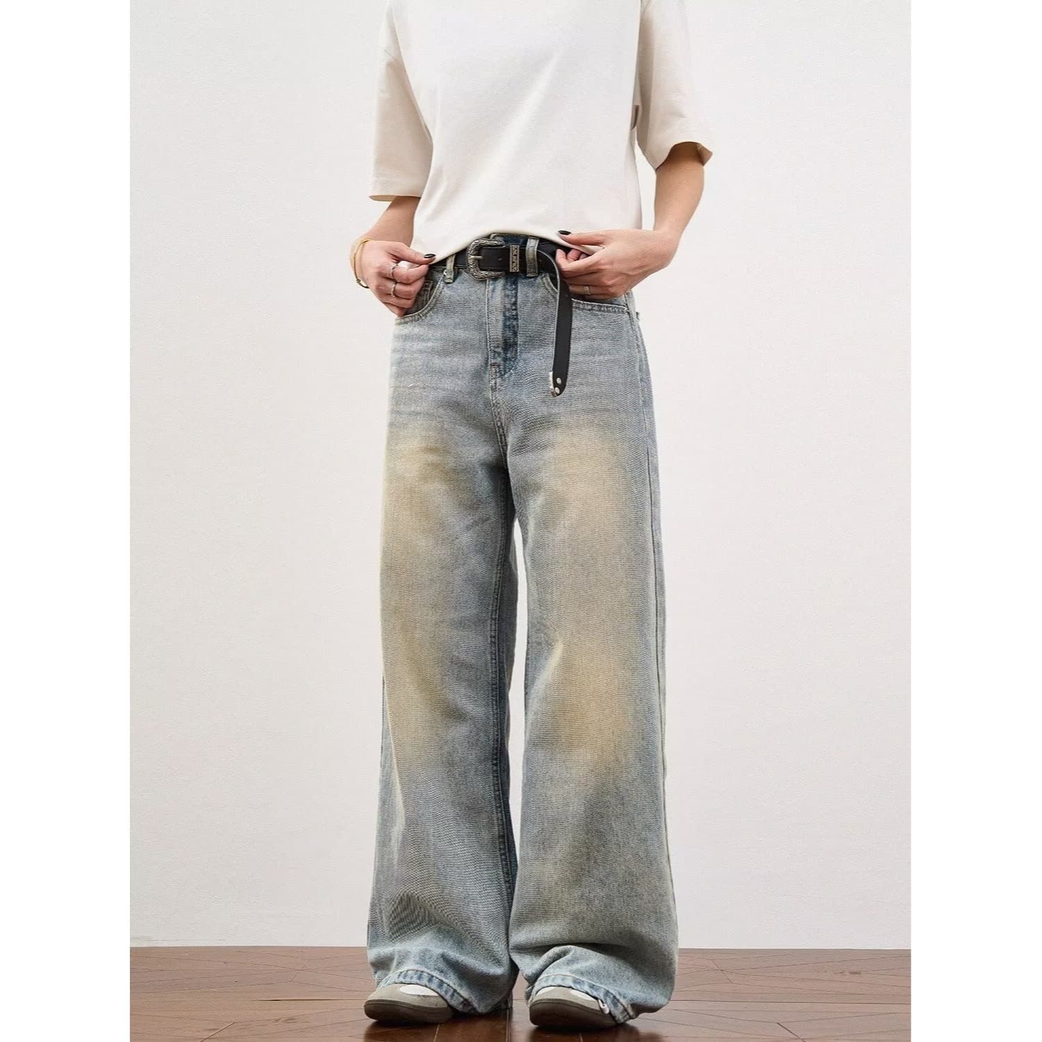 American Vintage Washed Whisker Wide-Leg Jeans for Men and Women, Loose Casual Baggy Sweeping Curved-Cut Long Pants