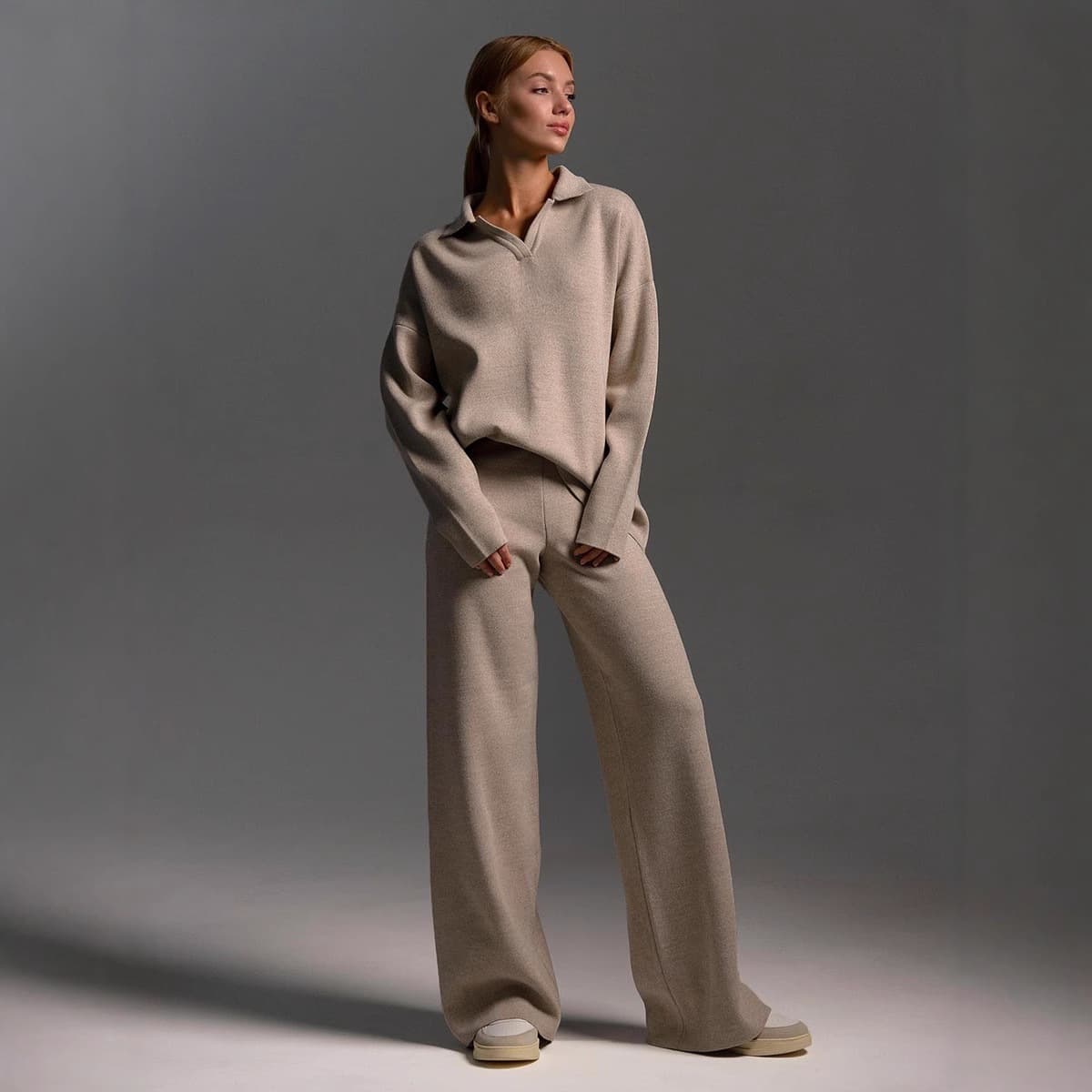 2025 new cross-border European and American autumn and winter Polo collar casual fashion pullover + wide-leg trousers two-piece women's set