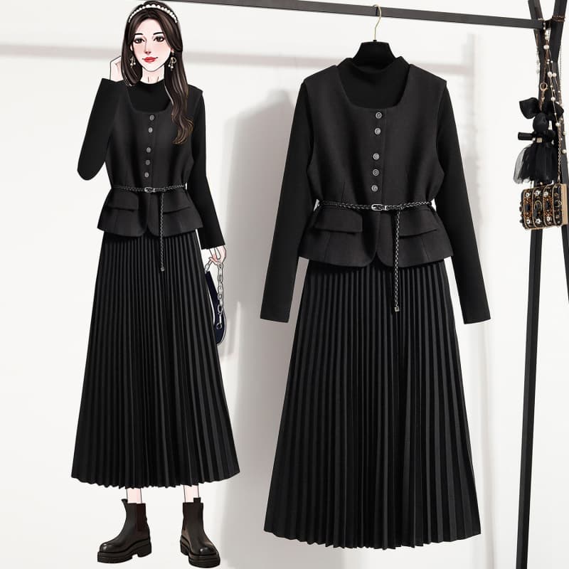 Plus Size Waist-Cinching Pleated Midi Dress for Women, 2025 Autumn/Winter New Arrival Vest Fashionable Chic Youthful Two-Piece Set