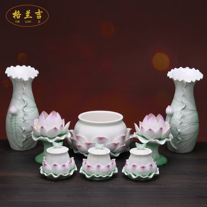Ceramic Lotus Lamp Buddhist Supplies Complete Set Temple Arrangement Holy Water Cup Incense Burner Home Worship Items Temple Decoration