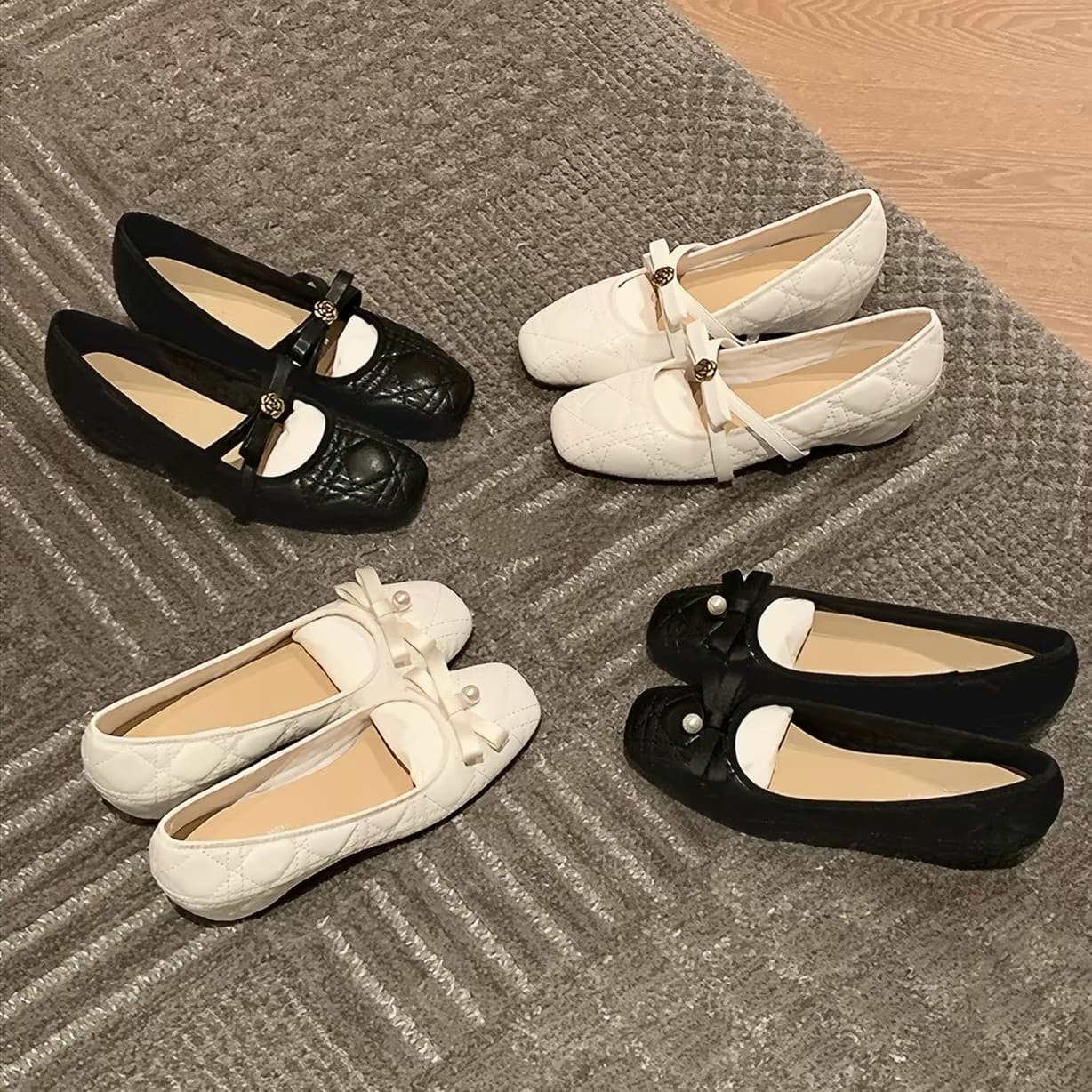 Grape Ma Same Style Women's Jasmine Camellia Mary Jane Shoes, Inner Height Increase Square Toe Gold Buckle Slip-on Ballet Shoes