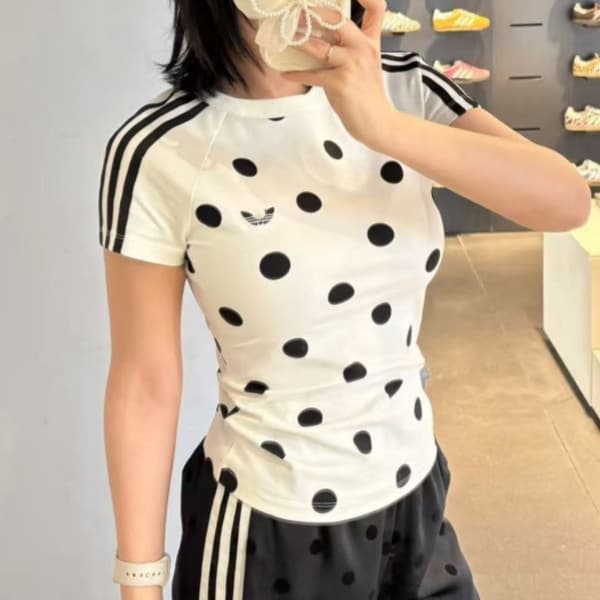 Clover Fashion Sweet and Spicy Top Slim Round Neck Polka Dot Shoulder Women's Short Sleeve T-Shirt