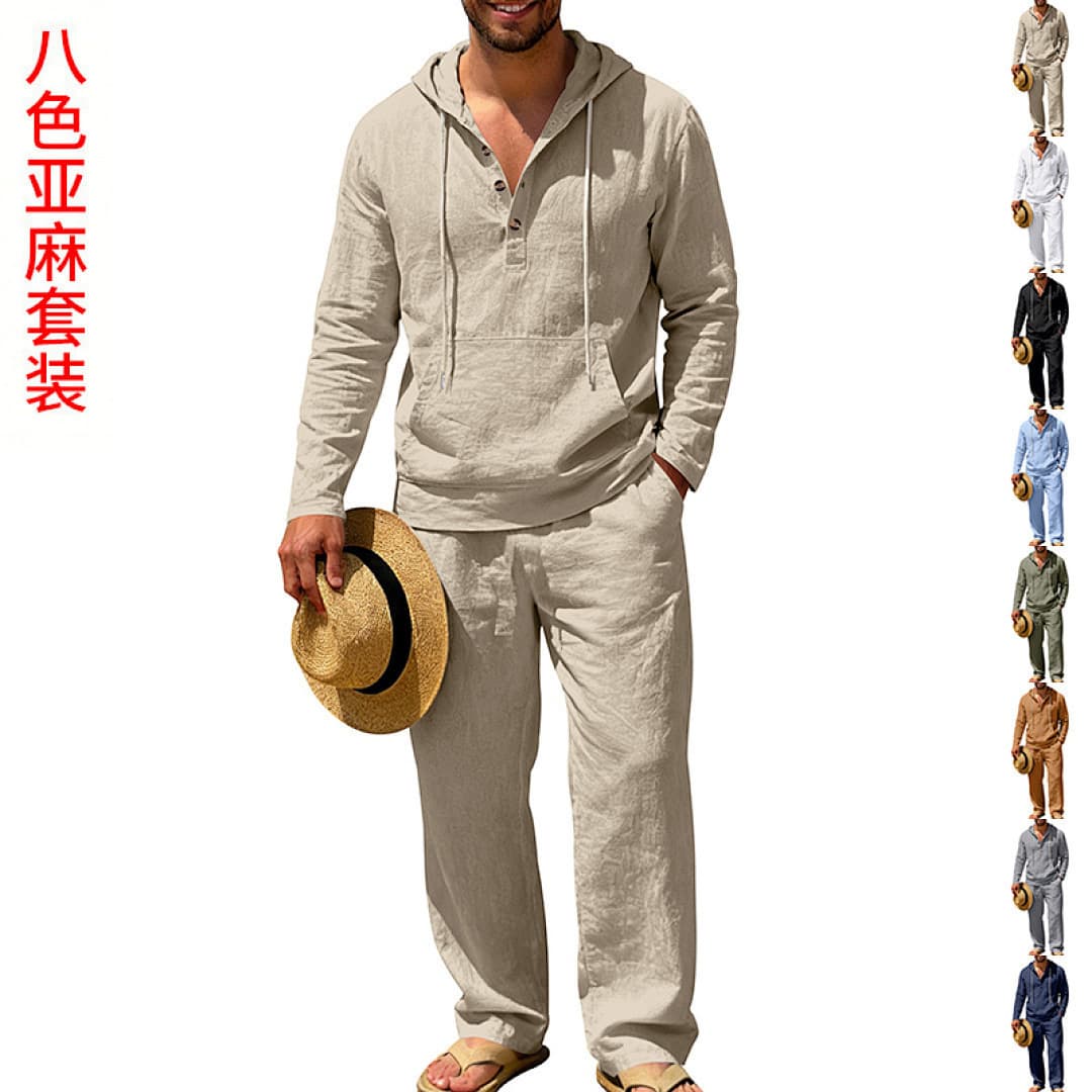 Cross-border European and American men's linen new casual loose long-sleeved hooded shirt trousers suit cotton and linen hoodie suit