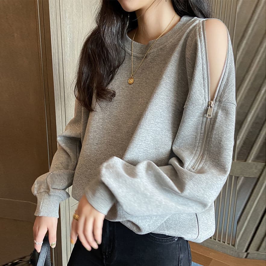 Zippered off-shoulder sweatshirt for women 2024 new spring long-sleeved ins trendy loose solid color large size women's clothing cross-border foreign trade