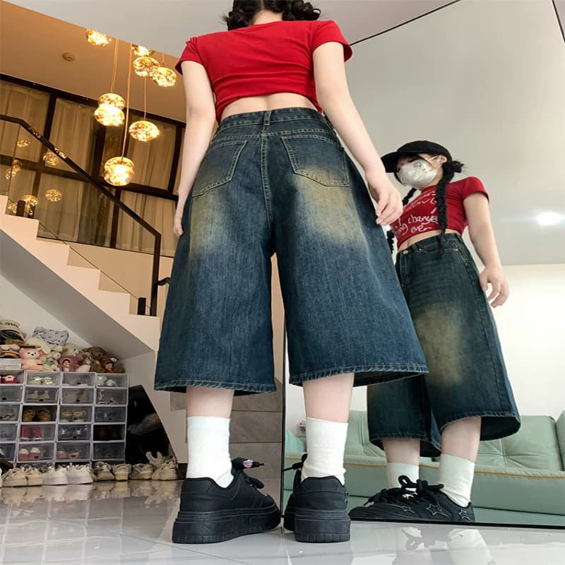 American High-Street Vintage Wide-Leg Cropped Denim Capri Pants for Women, Summer High-Waist Plus Size Slimming Loose Straight Short Pants