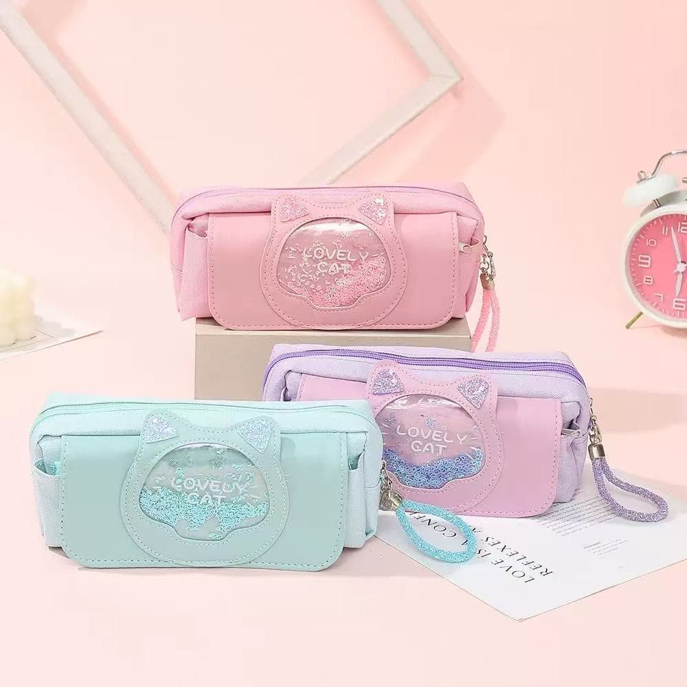Creative new three-layer large-capacity quicksand pencil bag with side mesh cute cat canvas bag for primary and secondary school students stationery