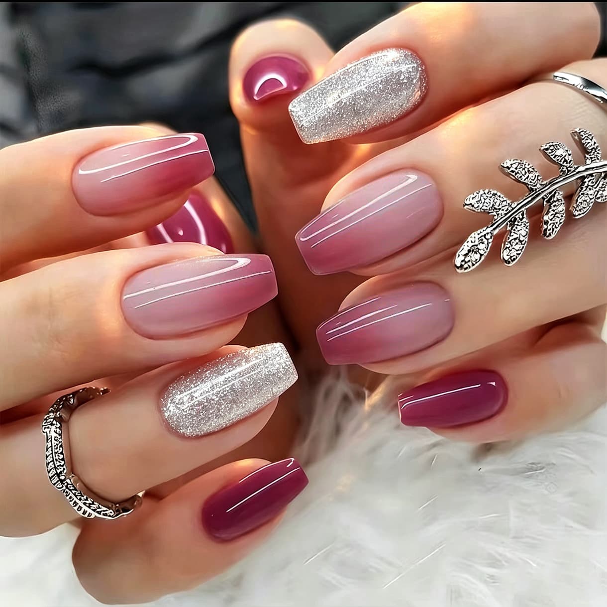 24pcs Purple Glitter Gradient Handmade Press-On Nails False Nail Tips Cross-Border Hot Sale Wholesale