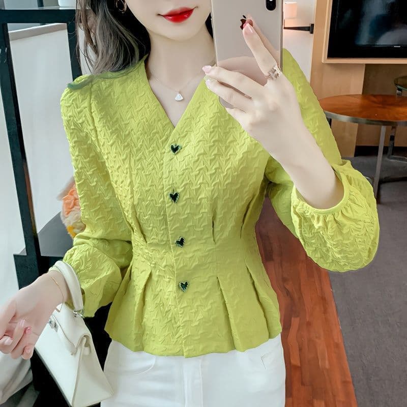 Spring and Autumn New Style Little Chanel French Collar Blouse for Women, Niche Design Fitted Waist Puff Sleeve Top