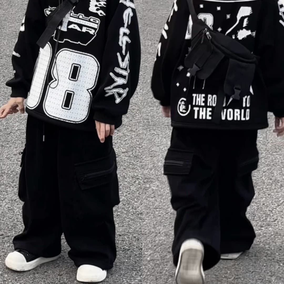 Children's New Loose Cargo Pants Hip-Hop Cotton High Street Long Pants Niche Dancer Casual Pure Black Sweatpants